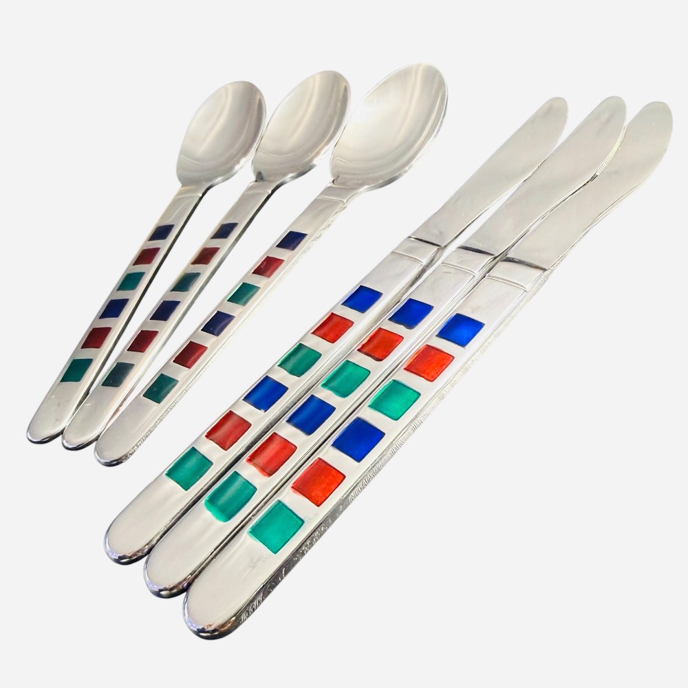 Vintage Fiesta Cambridge Celebration Rainbow Tile Stainless Flatware 6pc Lot